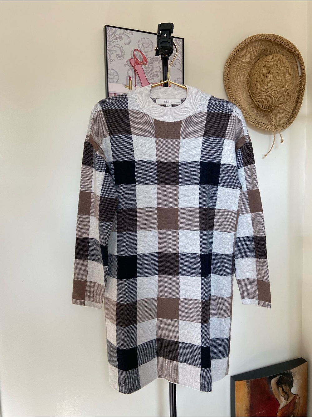 LOFT Plaid Crewneck  Dress Sweater in Brown, Gray & Black